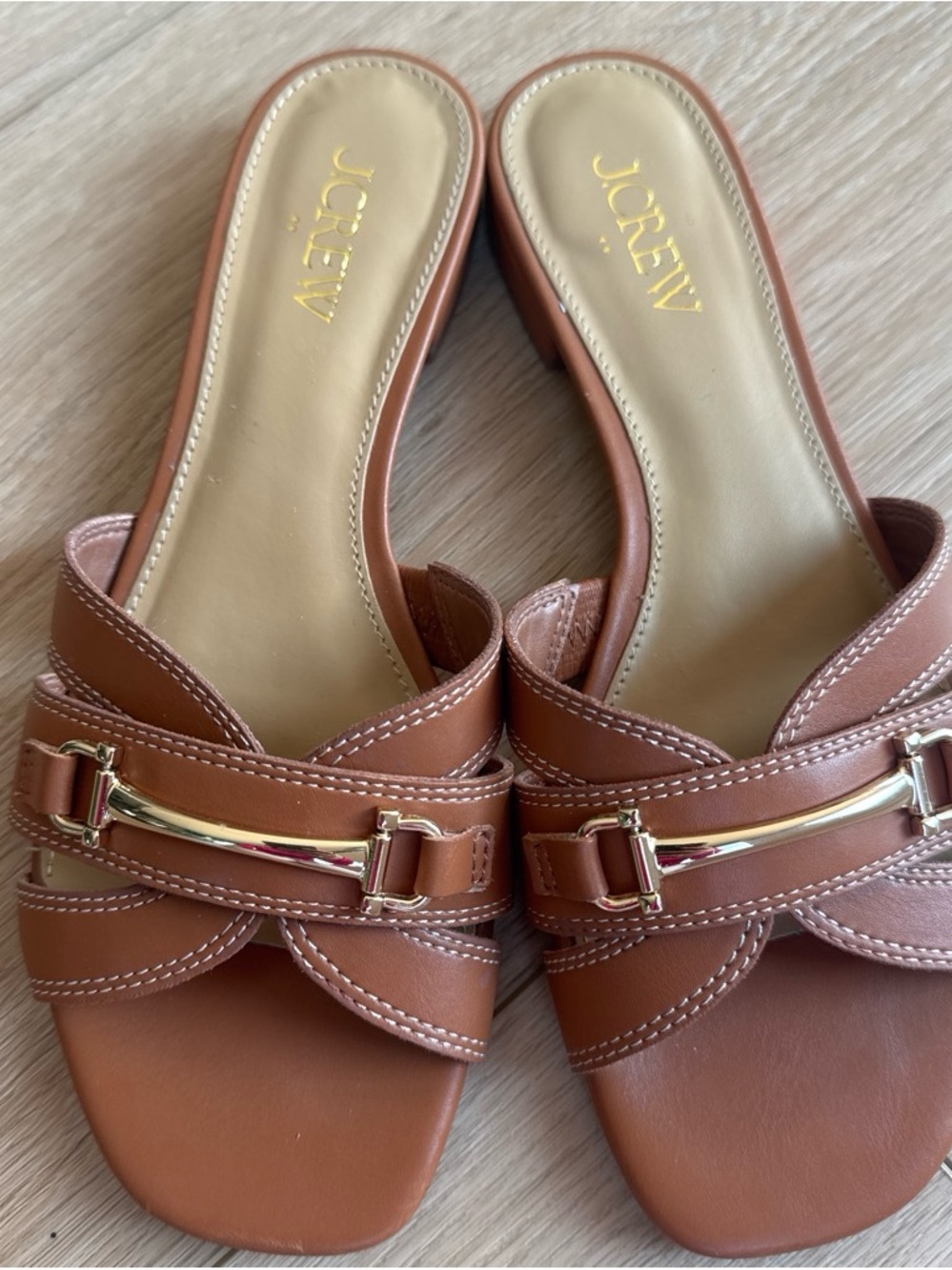 J. Crew Tan Leather Slide Mules with Gold Accent